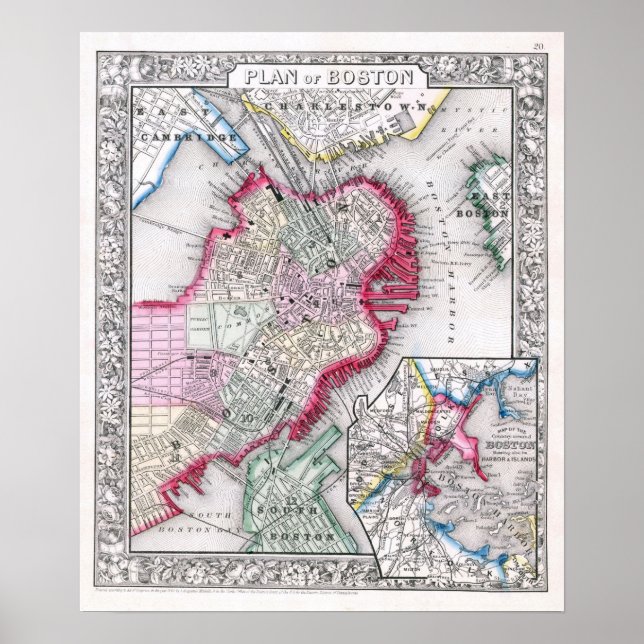 Vintage Map of Boston, 1864 Poster (Front)