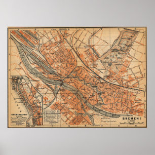 Vintage Map of Bremen Germany (1910) Poster