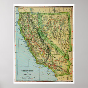 Vintage Map of California and Nevada (1905) Poster