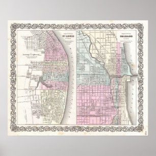 Vintage Map of Chicago and St. Louis (1855) Poster