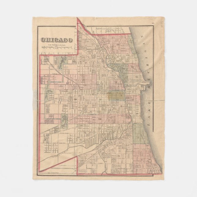 Vintage Map of Chicago Illinois (1876) Fleece Blanket (Front)