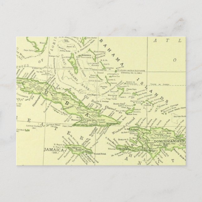 Vintage Map of Cuba, Caribbean Islands & Bahamas Postcard (Front)