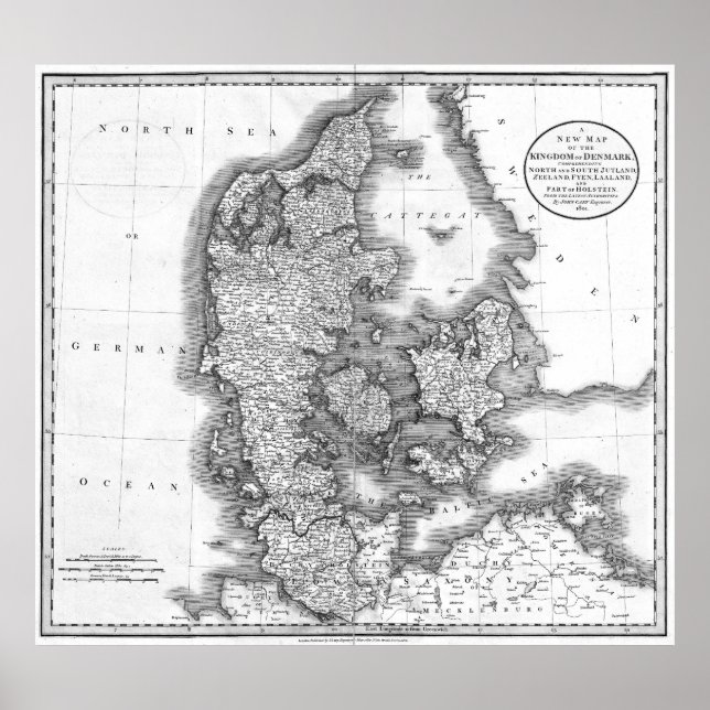 Vintage Map of Denmark (1801) BW Poster (Front)