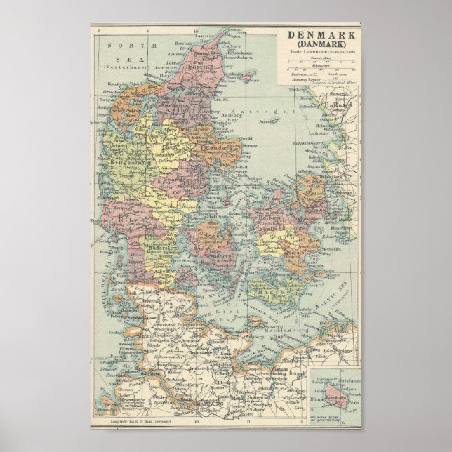 Vintage Map Of Denmark Poster (Front)