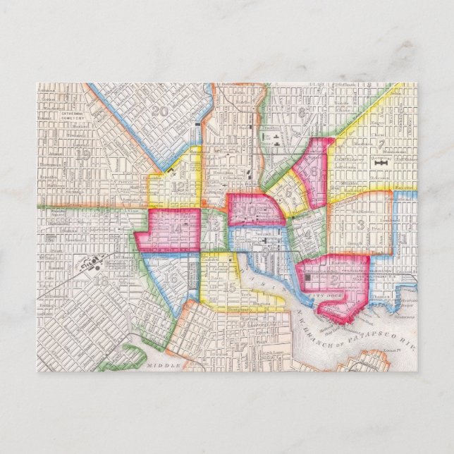 Vintage Map of Downtown Baltimore (1860) Postcard (Front)