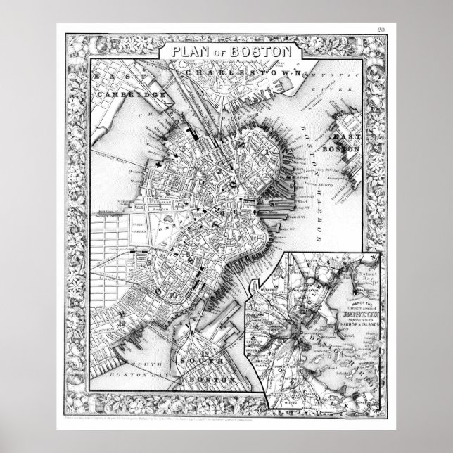 Vintage Map of Downtown Boston (1864) BW Poster (Front)