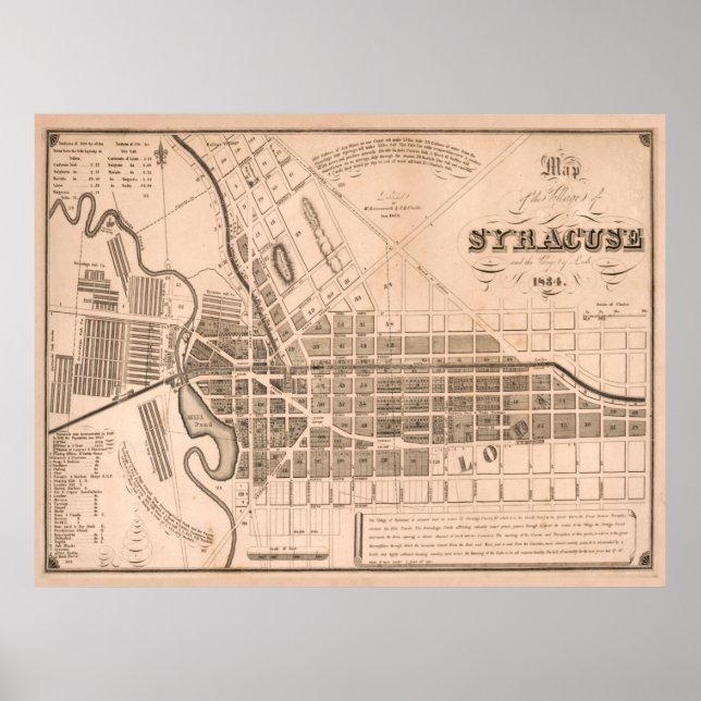 Vintage Map of Downtown Syracuse NY (1834) Poster (Front)