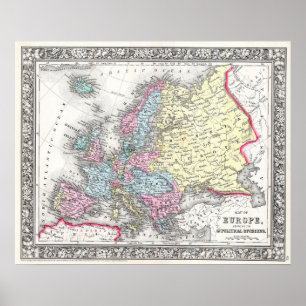 Vintage Map of Europe, 1860 Poster
