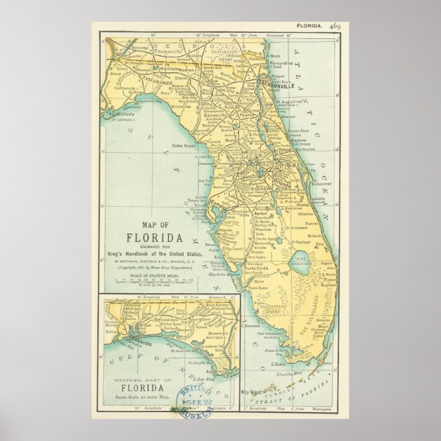 Vintage Map of Florida (1891) Poster (Front)