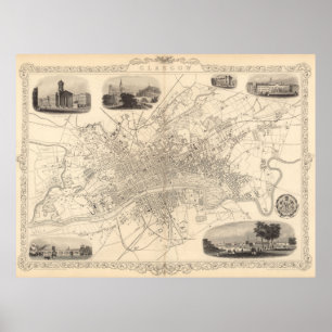 Vintage Map of Glasgow Scotland (1851) Poster