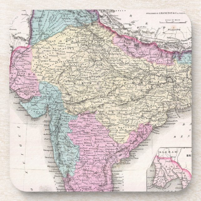 Vintage Map of India (1855) Coaster (Front)
