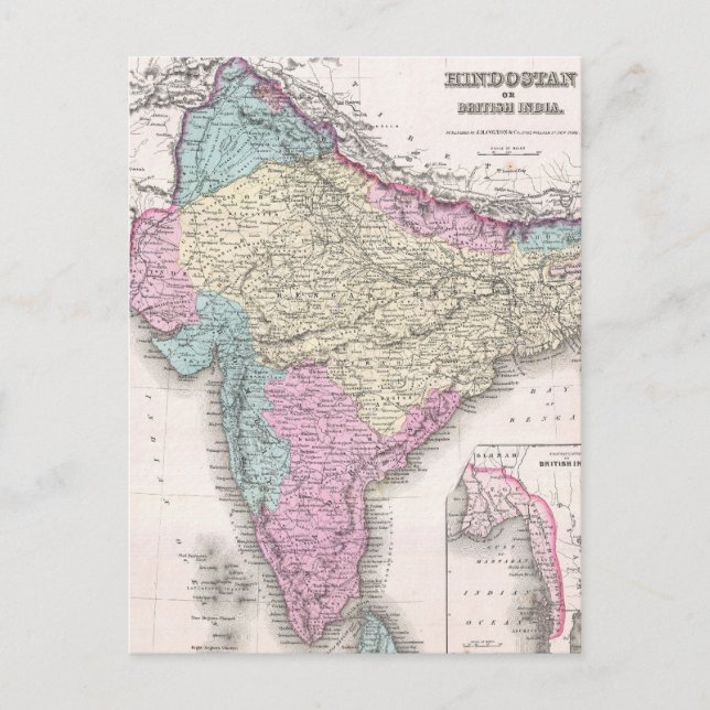 Vintage Map of India (1855) Postcard (Front)