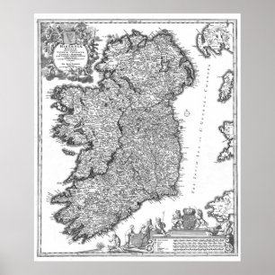 Vintage Map of Ireland (1716) BW Poster