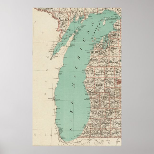 Vintage Map of Lake Michigan (1888) Poster (Front)
