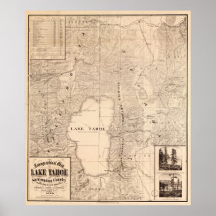 Vintage Map of Lake Tahoe Calfornia (1874) Poster