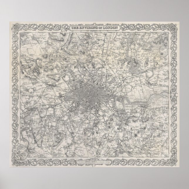 Vintage Map of London England (1855) Poster (Front)