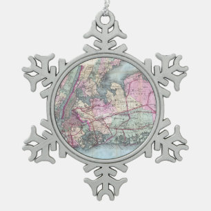 Vintage Map of Long Island (1880) Snowflake Pewter Christmas Ornament