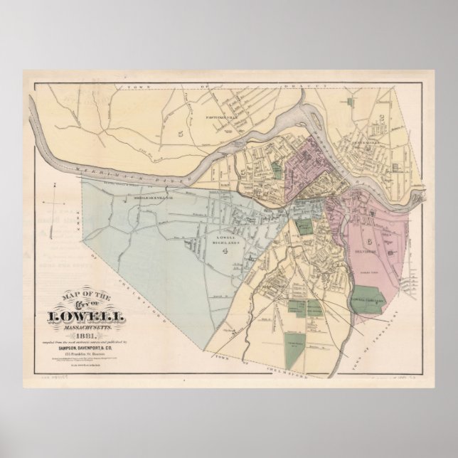 Vintage Map of Lowell MA (1881) Poster (Front)