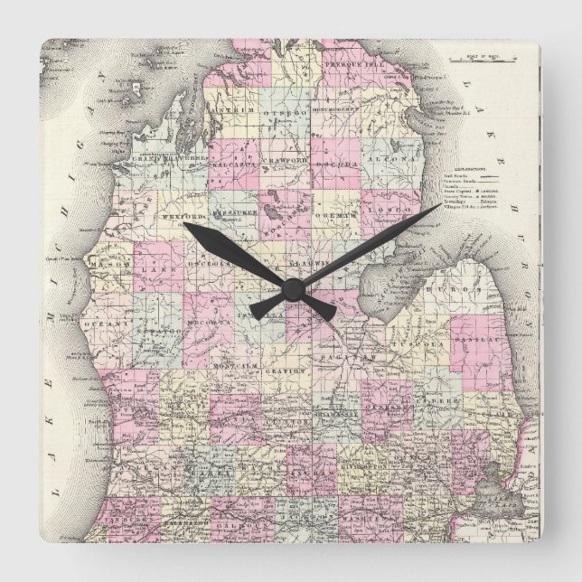 Vintage Map of Michigan (1855) Square Wall Clock (Front)