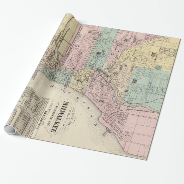 Vintage Map of Milwaukee Wisconsin (1878) Wrapping Paper (Unrolled)