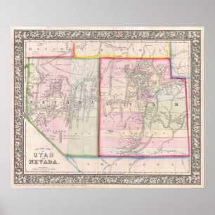 Vintage Map of Nevada and Utah (1866) Poster