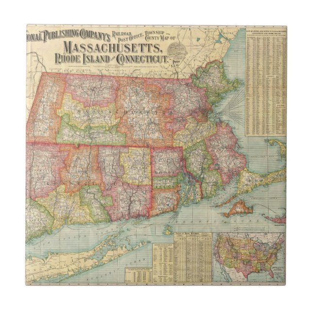 Vintage Map of New England States (1900) Tile (Front)