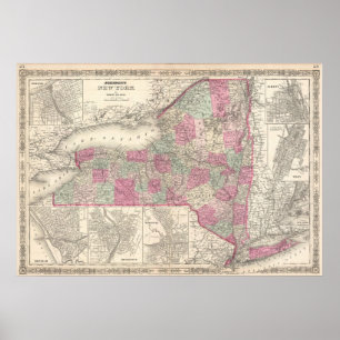 Vintage Map of New York (1864) Poster