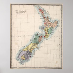 Old New Zealand Map 1854 New Zealander Vintage Atlas Poster 