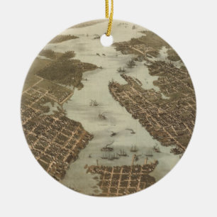 Vintage Map of Norfolk and Portsmouth VA (1873) Ceramic Tree Decoration