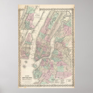Vintage Map of NYC and Brooklyn (1865) Poster