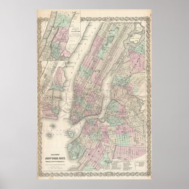 Vintage Map of NYC and Brooklyn (1865) Poster (Front)