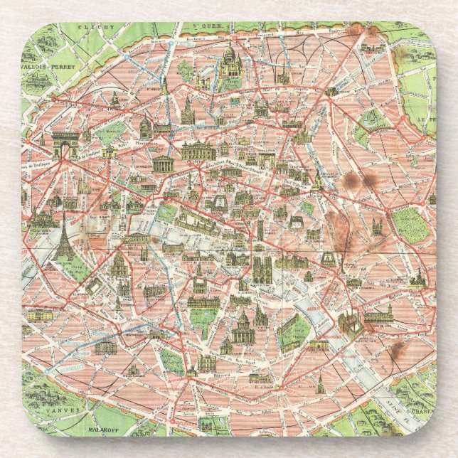 Vintage Map of Paris (1920) Coaster (Front)