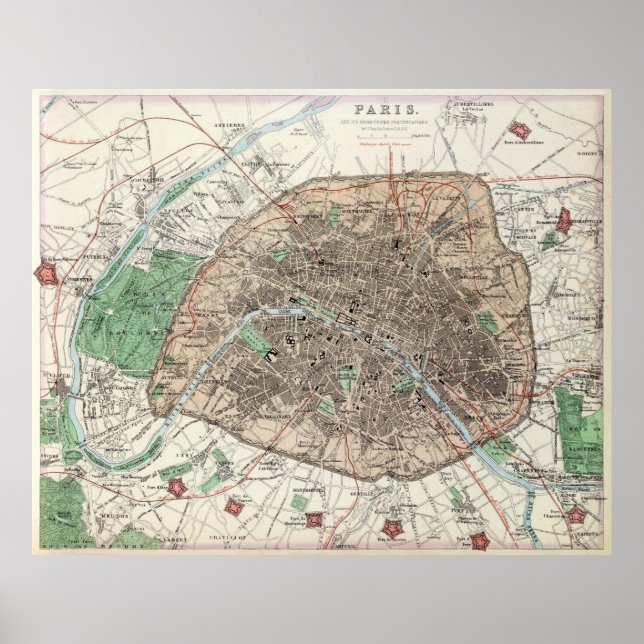 Vintage Map of Paris France (1872) Poster (Front)