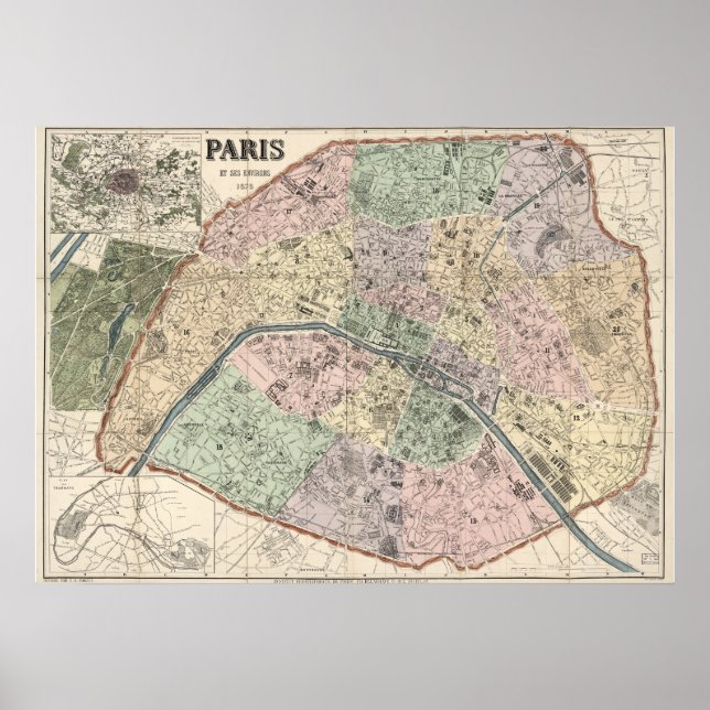 Vintage Map of Paris France 1878 Poster (Front)