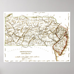 Vintage Map Of Pennsylvania+NJ 1875 Poster