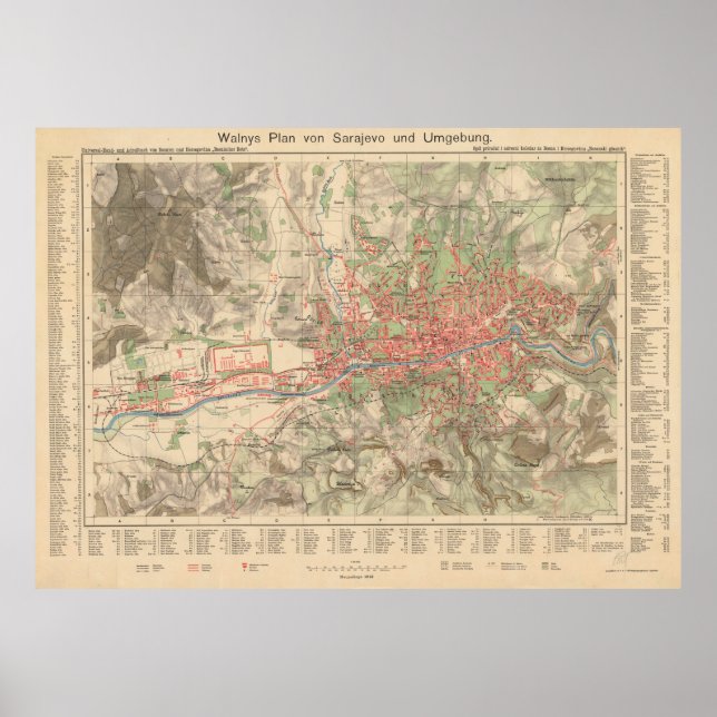 Vintage Map of Sarajevo Bosnia and Herzegovina Poster (Front)
