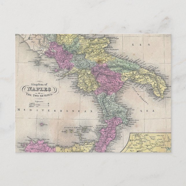 Vintage Map of Southern Italy (1853) Postcard (Front)