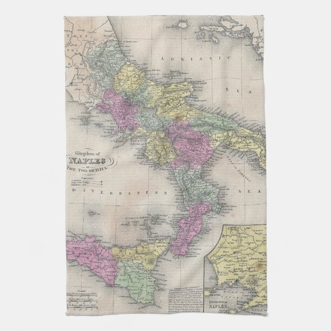 Vintage Map of Southern Italy (1853) Tea Towel (Vertical)