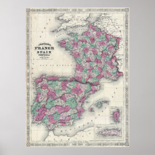 Vintage Map of Spain and France (1865) Poster