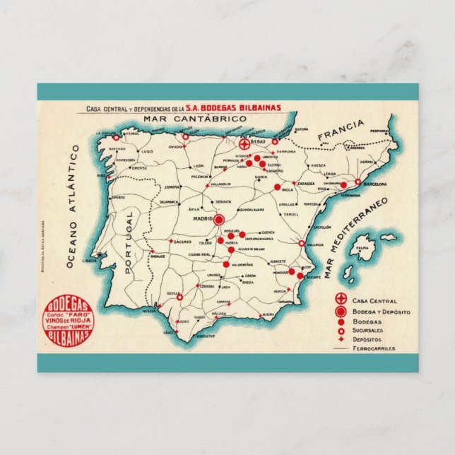 Vintage Map of Spain Postcard (Front)