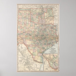 Vintage Map of Texas and Oklahoma (1891) Poster