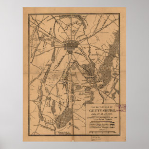 Vintage Map of The Gettysburg Battlefield (1863) 4 Poster