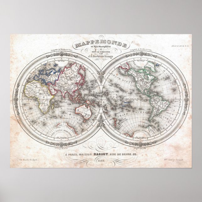 Vintage Map of The World (1848) Poster (Front)