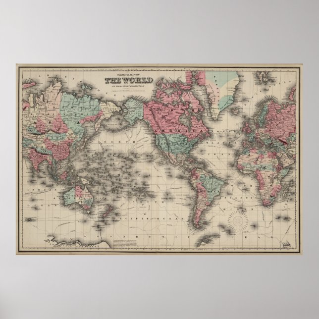 Vintage Map of The World (1869) Poster (Front)