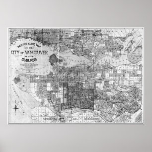 Vintage Map of Vancouver Canada (1920) BW Poster