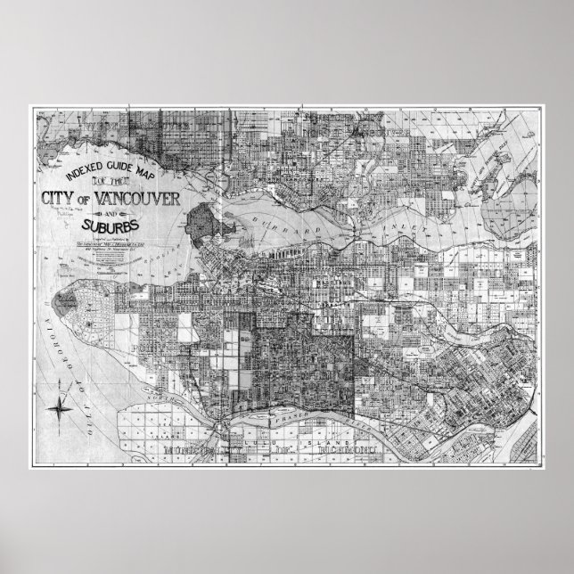 Vintage Map of Vancouver Canada (1920) BW Poster (Front)