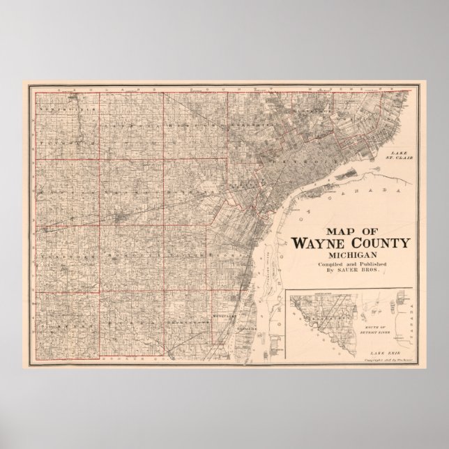 Vintage Map of Wayne County MI (1915) Poster (Front)
