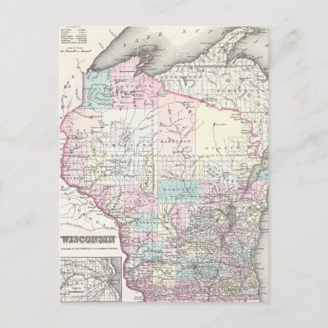 Vintage Map of Wisconsin (1855) Postcard (Front)