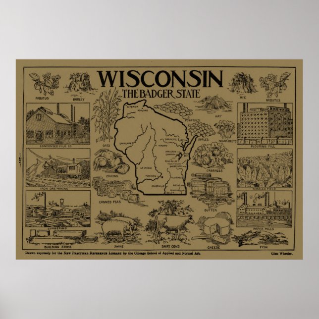 Vintage Map of Wisconsin (1912) - Tan Poster (Front)