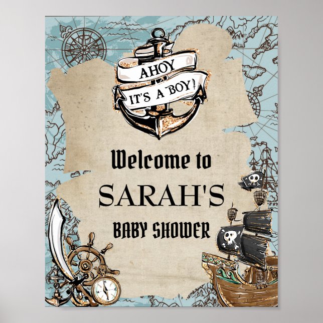 Vintage Map Pirate Treasure Baby Shower Welcome Poster (Front)